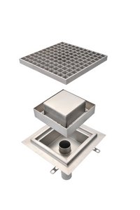 The new floor drains made by Richard Brink comprise a welded gully body, a bevelled seal flange and a bell plunger with integrated dirt screen. Various grating are available to cover the drain.