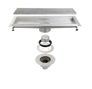 Floor drains with bell plungers and matching gratings in various finishes are available for the channels. 