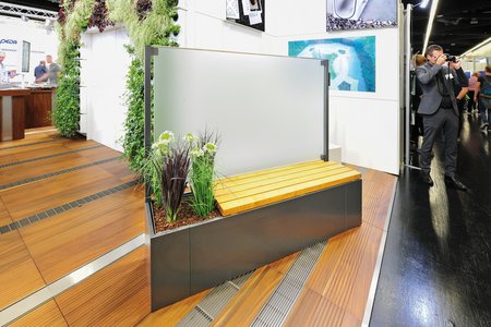The Modular Ventus plant boxes are also new to the range. They incorporate a mix of planting or seating together with a glass privacy screen.