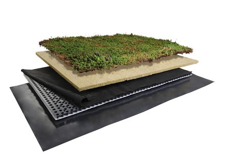 The Easy roof planting system has a streamlined configuration, whereby all of the layers are rolled out across or placed on to the roof surface. It is characterised by its low weight, despite having a high water storage capacity.  Photo: Richard Brink GmbH & Co. KG