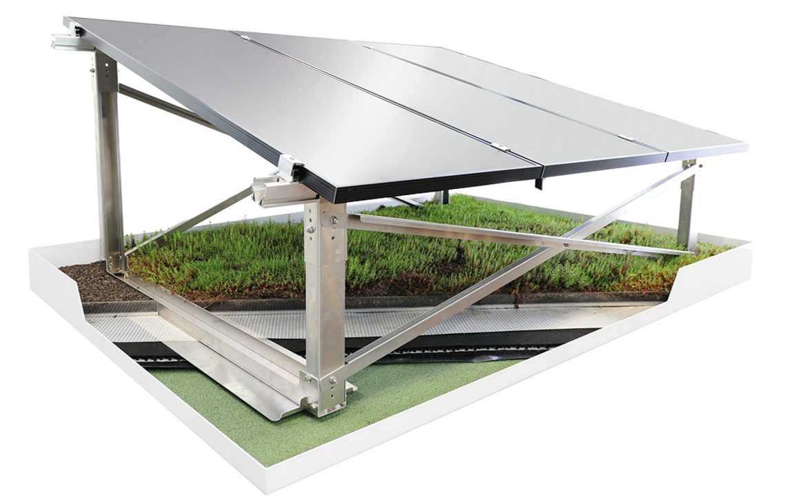 Photovoltaik-Unterkonstruktion "Miralux Green" der Firma Richard Brink. Erlaubt die Kombination aus Dachbegrünung und Photovoltaik bei Neubauten