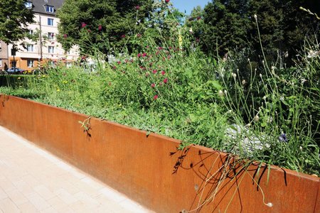 Trend material COR-TEN steel provides a contrast to the chosen plants and flowers. The creation of a second, exposed tier above ground level really enhances the appearance of the park.