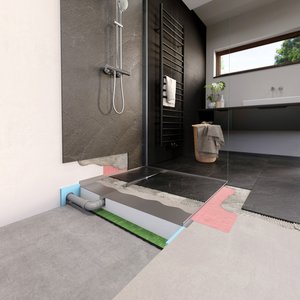 « Atrium » se compose d’un tapis d’insonorisation, d’un bac en XPS en deux parties, d’un siphon, ainsi que d’un receveur en acier inoxydable sablé avec bandes d’étanchéité ajustées.   Photo : Richard Brink GmbH & Co. KG