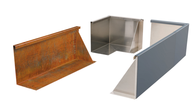 Elemente der Maßgefertigten Hochbeete von Richard Brink aus Cortenstahl, Edelstahl und beschichtetem Aluminium in grauer Farbe