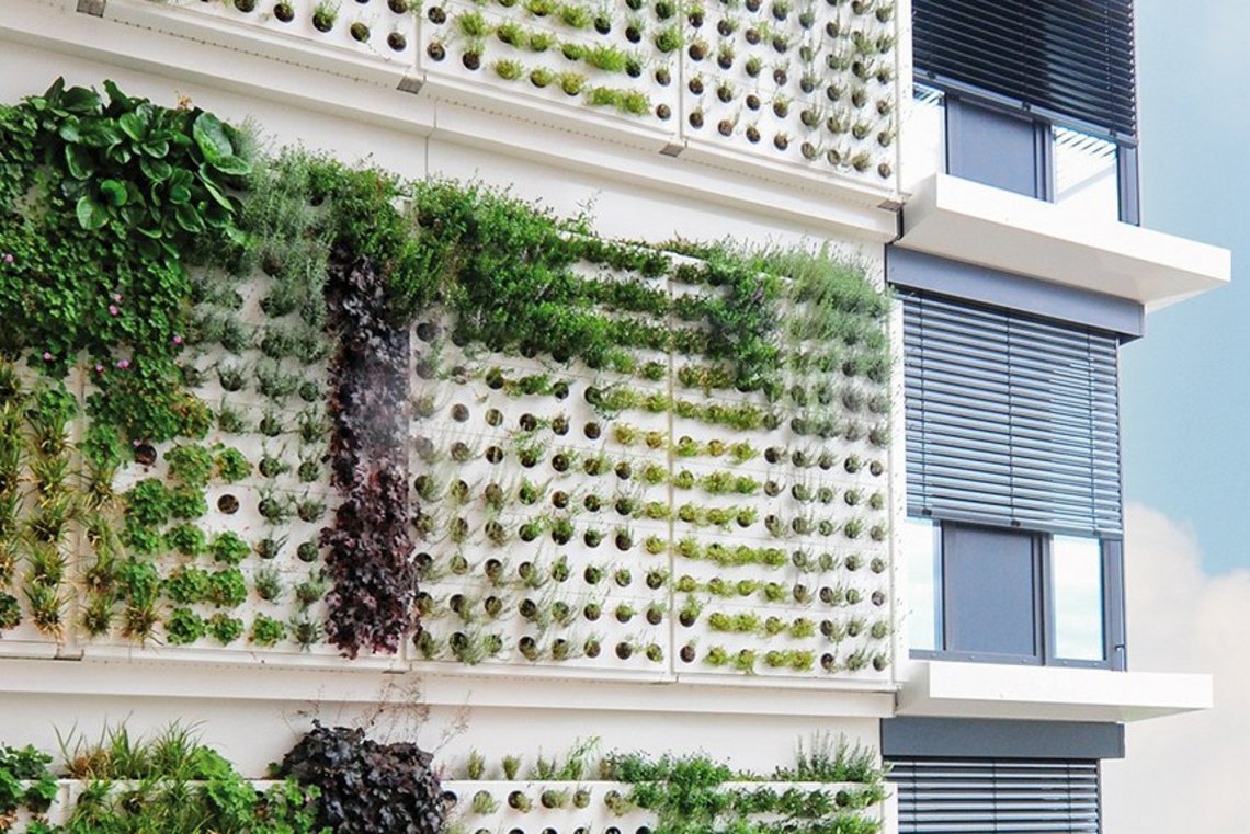 Pflanzwand Adam von Richard Brink an einem Hochhaus zur Fassadenbegrünung mit diversen grünen Pflanzen