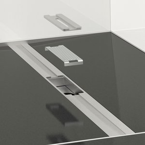 Le système complet comprend également un profilé d’écoulement en acier inoxydable rectifié à emboîter. Un insert incluant un collecteur de cheveux facilite le nettoyage.  Photo : Richard Brink GmbH & Co. KG