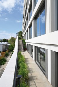 Die Vegetation ziert auch den gesamten Aufstieg, durch den jede Mieteinheit einen eigenen Zugang zum Außenbereich erhält, und begrünt das Gebäude vom Sockel bis zum Dach. In den Laibungsbereichen an den Türen und Fenstern der Glasfassade stellen dabei die Betonrinnen „Fortis“ zusammen mit den gusseisernen Designrosten „Zippa“ die Entwässerung sicher.    Fotos: Richard Brink GmbH & Co. KG
