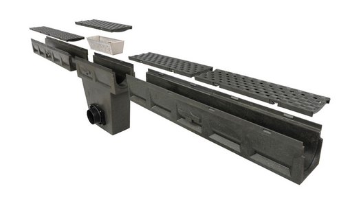 This exploded view shows the different high-quality materials that make up the complete Poly-Fortis system: cast iron, polymer concrete and stainless steel. 