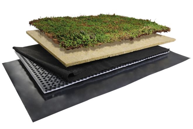"Easy" green roof system with water storage mat for carports, garages or small areas