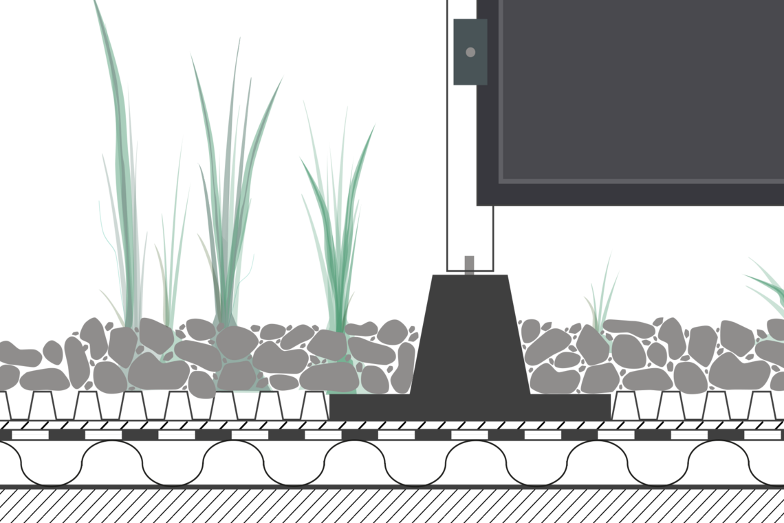 Grafische Darstellung der Verschraubung von Ballastierungssteinen unterhalb Solar Aufstänerung. Flache Bodenplatte des Steins liegt unterhalb von Kies und Bepflanzung.