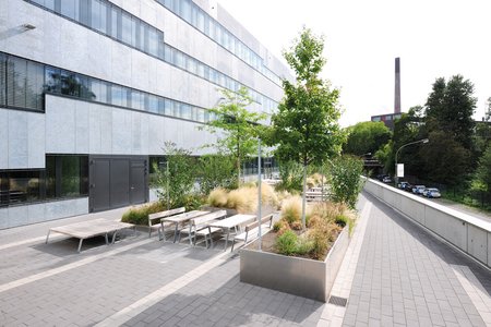 À l’arrière du bâtiment, une zone formant un plateau a été aménagée et végétalisée à l’aide de douze jardinières hautes fabriquées sur mesure par la société Richard Brink.