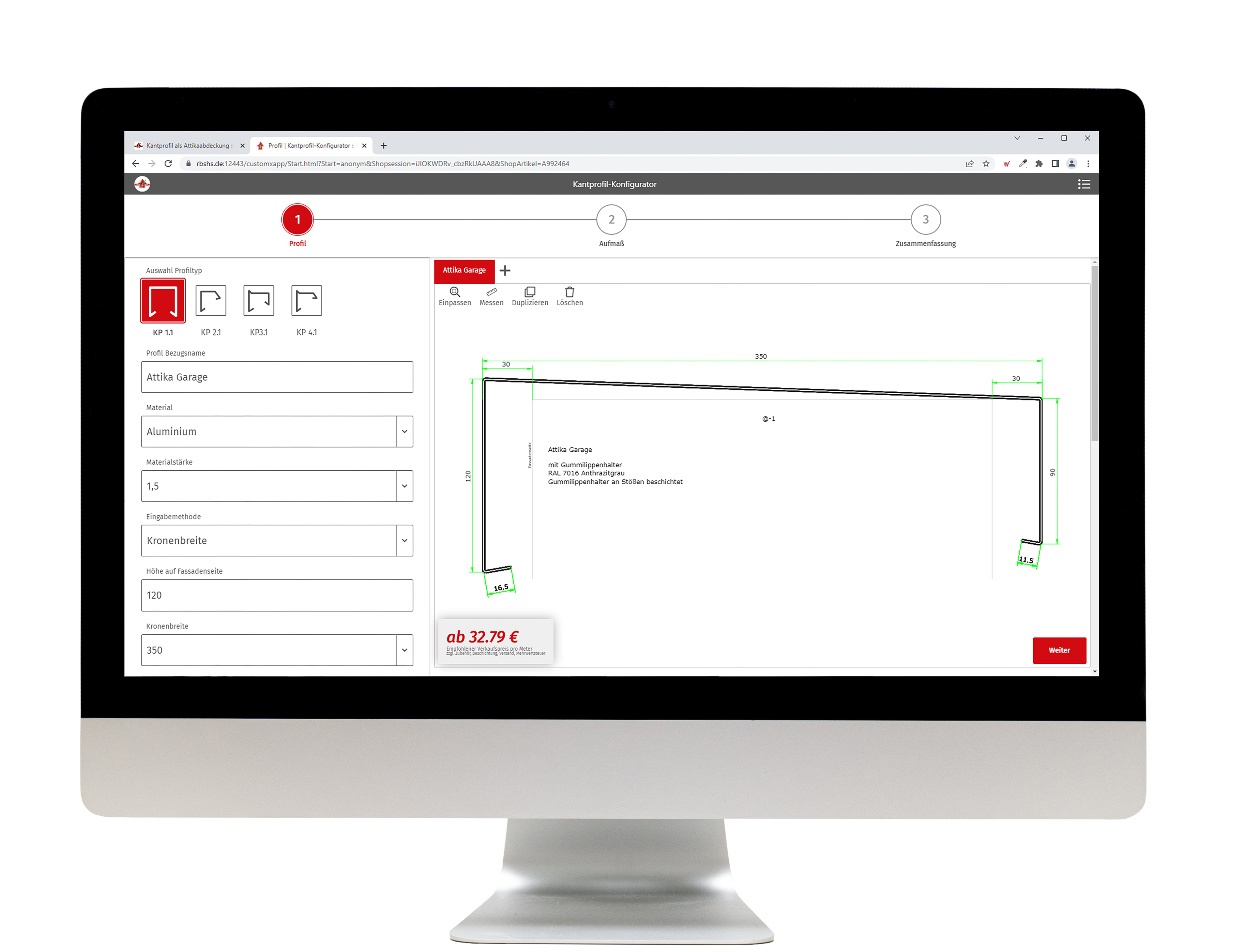 In the first step, parameters such as material, thickness, heights, widths, projections, slope angles, fixtures and mount spacing can be determined based on different types of profiles.