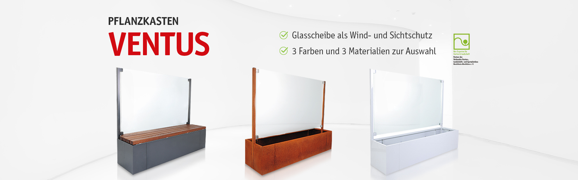 Pflanzkasten Ventus - Mit Glasscheibe als Wind- und Sichtschutz - 3 Farben und 3 Materialien zur Auswahl