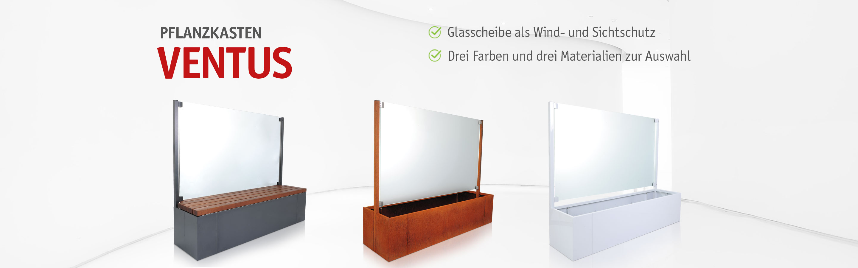 Pflanzkasten Ventus - Mit Glasscheibe als Wind- und Sichtschutz - 3 Farben und 3 Materialien zur Auswahl